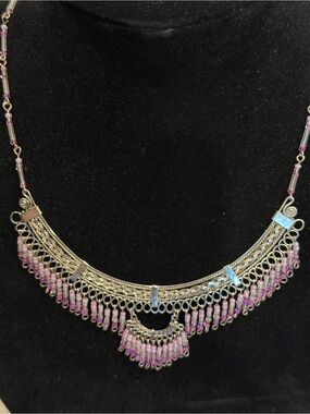 Source Unknown Silver-Tone Necklace with Purple Bead Fringe
